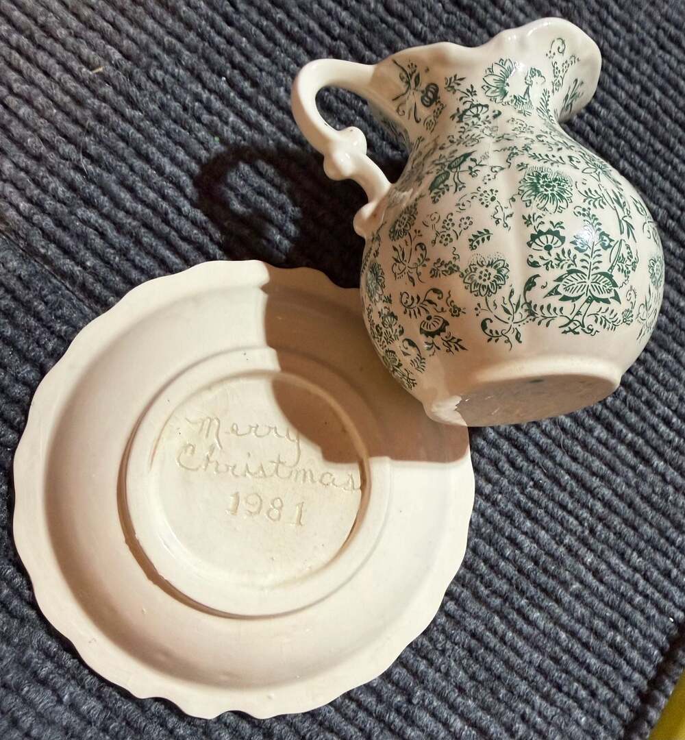 Vintage 1981 Ceramic Creamer Pitcher and Saucer Set with Green Floral Transferwa